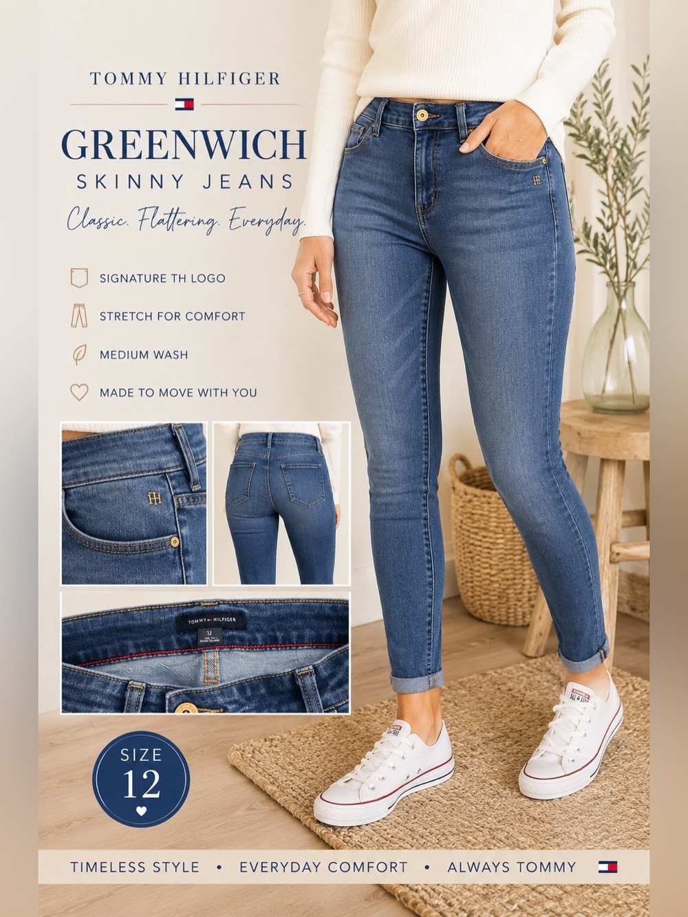 Tommy Hilfiger Greenwich Skinny Jeans Women’s Size 12 Medium Wash Stretch Denim